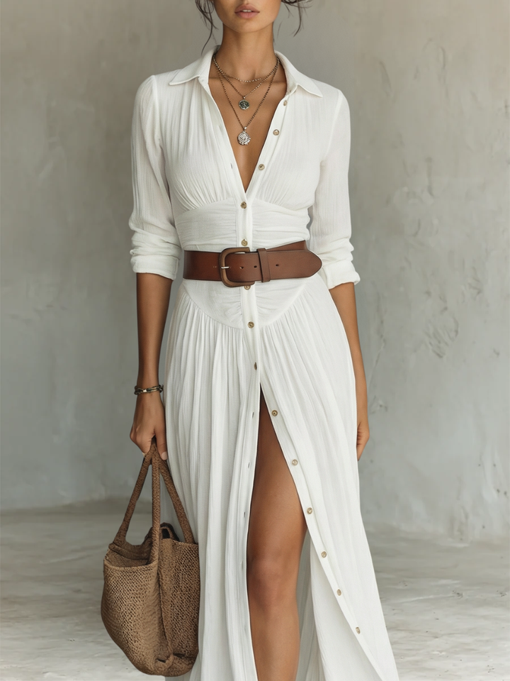 Maxi Sukienka z Kołnierzykiem i Długimi Rękawami z Lnu dla Kobiet