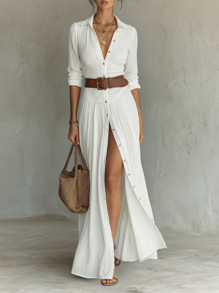 Maxi Sukienka z Kołnierzykiem i Długimi Rękawami z Lnu dla Kobiet